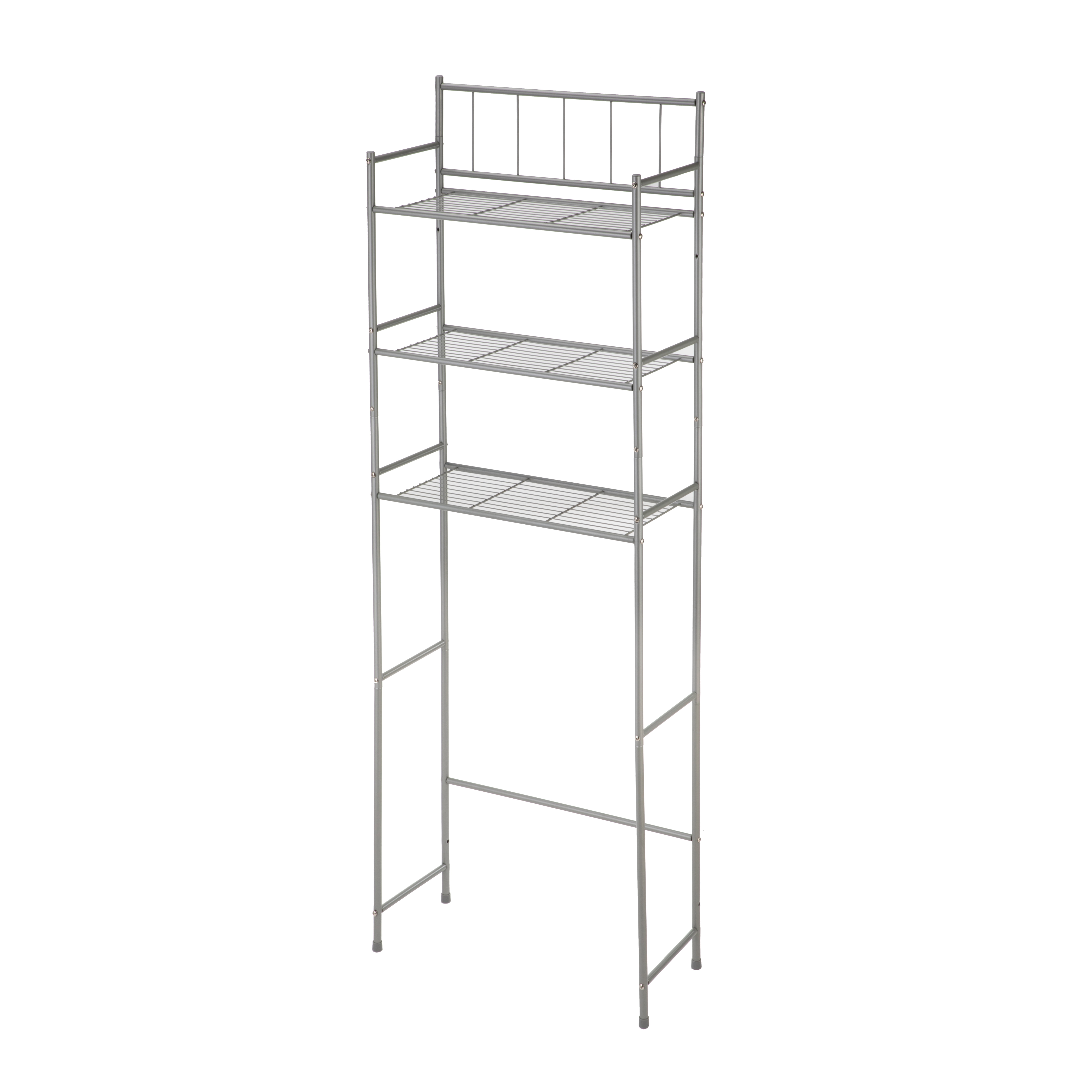 Mainstays Over-the-Toilet Bathroom Storage Shelf Unit Set with Space Saver, Basket and Hooks, Satin Nickel, 4-Piece