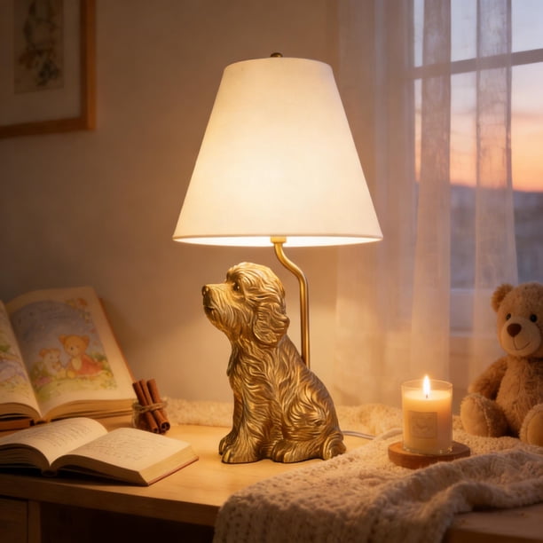 Lámpara de mesa con diseño de perro Golden Doodle de 47 cm, mesita de noche de resina dorada, con acabado dorado pintado y pantalla cónica de lino, ideal como lámpara de noche para cachorros, decorac