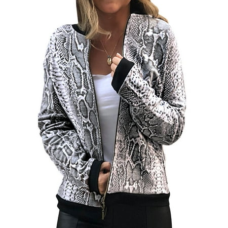 Snakeskin Baseball - ZXZY Casual Women Long Sleeve Snakeskin Print Zipper Front Pocket Baseball Coat Cardigan
