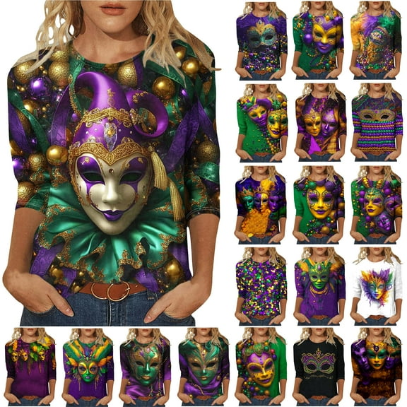 Feancey 3/4 Sleeve Graphic T Shirts for Women Mardi Gras Casual Crewneck Party Tops New Orleans Mask Print Loose Tunic Tees Novelty Parade Blouse Multicolor L