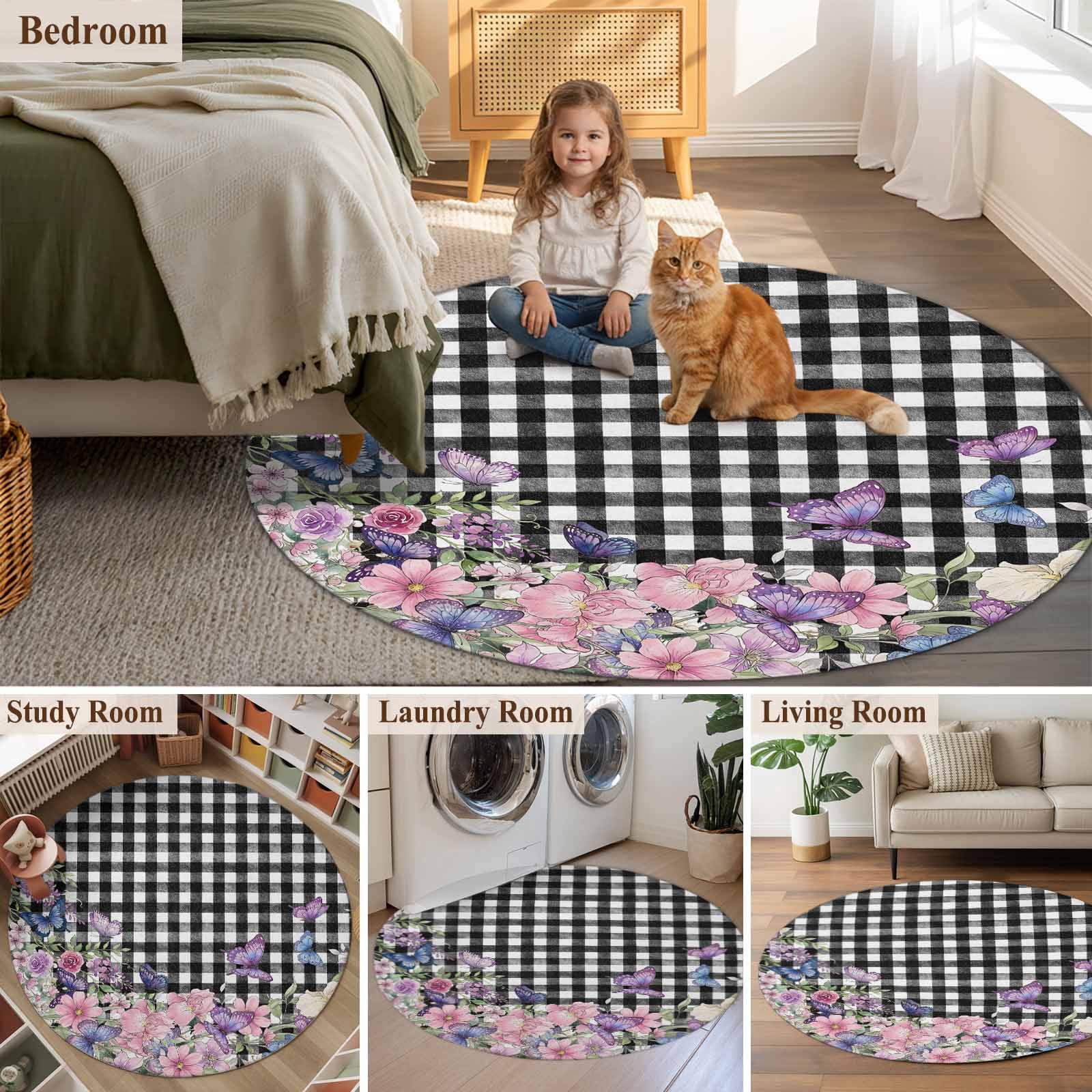 Spring Floral Round Area Rug 6Ft Washable Circle Rugs for Bathroom Office, Black White Checkered Farmhouse Butterfly Non-Slip Carpet Floor Mats Indoor Outdoor Carpet Runner Aesthetic Home Decor