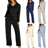 Two Piece Sets for Women Lapel Long Sleeve V Neck Lounge Set Fall Outfits Fall Clothes Jogger Solid Color Lightweight Hoodless for Women & Drawstring and Straight Leg Loose Pants Set