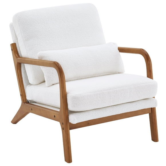 Ktaxon Fauteuil d'Appoint Mid-Century Modern, Fauteuil en Tissu Velours Teddy avec Cadre en Bois Massif Blanc