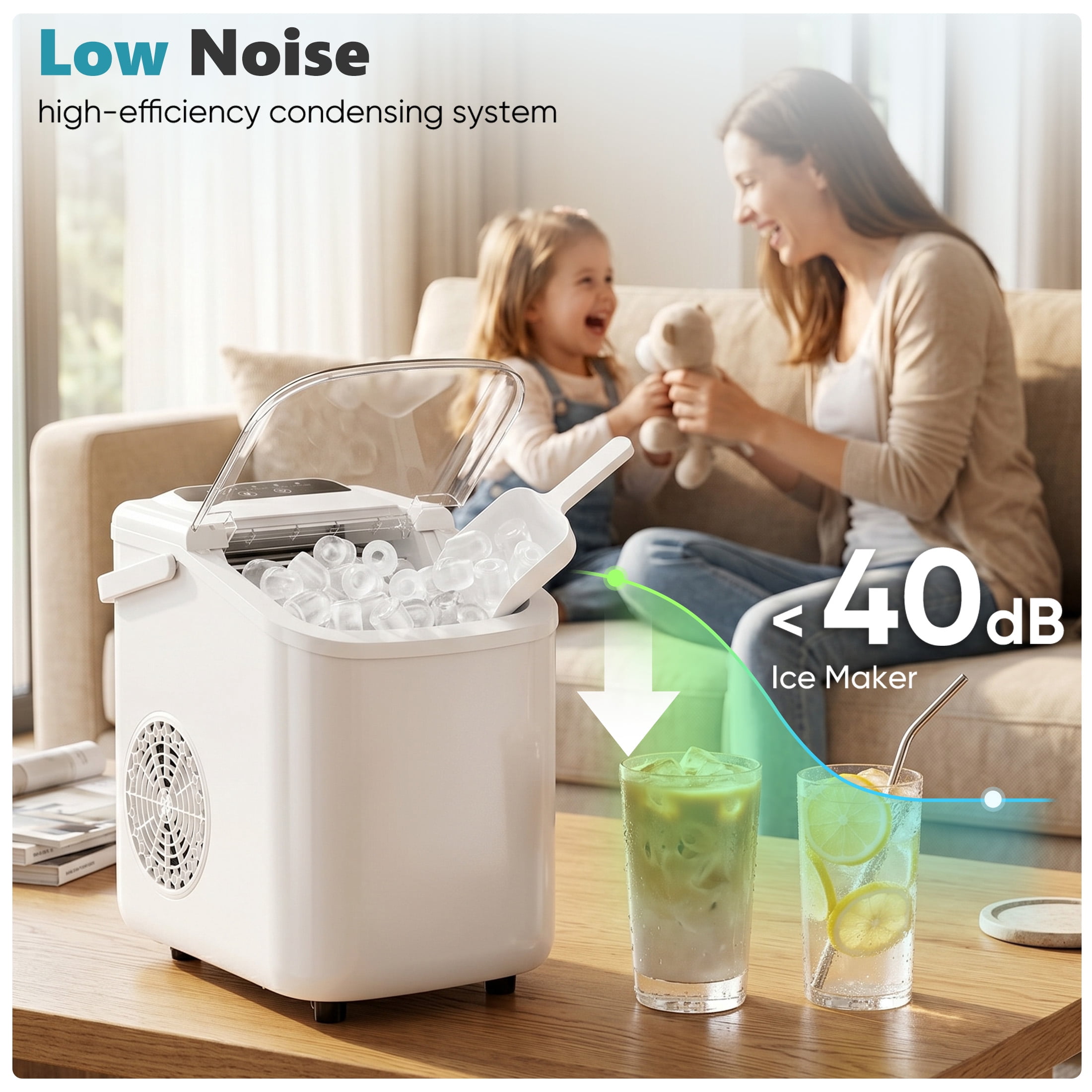 edx Ice Maker, Self-Cleaning Countertop Ice Maker, with Handle & Ice Scoop, 9 Bullet Cubes in 6~8 Mins, 26lbs Daily, White
