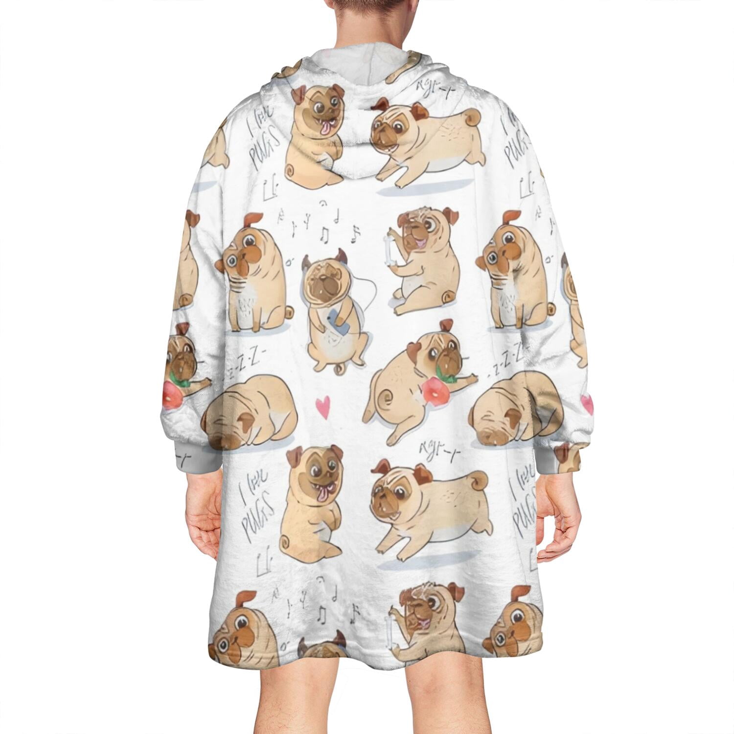 Wearable Oversized Blanket,Cartoon Pug and Heart Wearable Blanket Hoodie for Adults,Cozy Hooded Blankets with Super Pockets,Super Warm Fuzzy Pullover for Women & Men