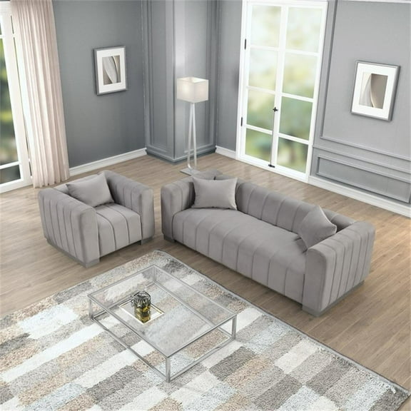 Rnfurnishings 2-PC Living Room Furniture Velvet fabric Sofa Chair Set-Light Gray