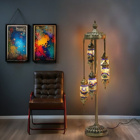 Turkish Mosaic Floor Lamp, 52in Handcrafted Stained Glass Light, 5 Shades, E12 Bulb Compatible, Heavy Duty 25lbs Base for Living Room, Bedroom Decor & Gifts