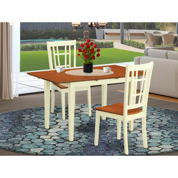 East West Furniture Norfolk 3-piece Dining Set w/ Wood Seat in Buttermilk/Cherry