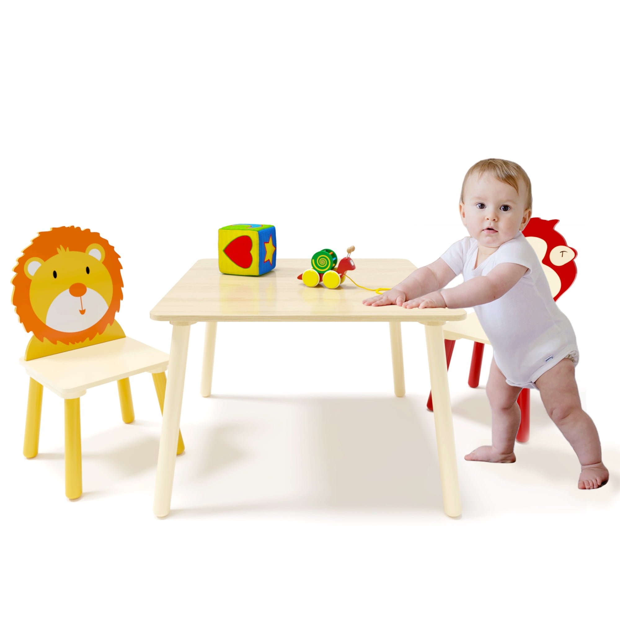 iRerts Kids Table and Chair Set, 3 Pieces Cartoon Animals Wood Kids Activity Table with 2 Chairs, Kids Play Table Set for 3-8 Year Old, Childrens Table and Chairs for Reading, Drawing, Jigsaw Puzzles