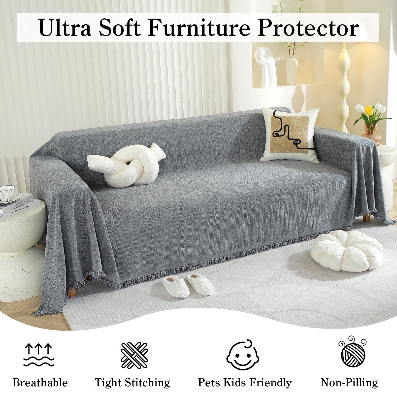 Chenille Couch Cover Pet Friendly Sofa Cover Washable Reversible Sofa Slipcover for Sectional Sofa, Loveseat, 2 or 3 Cushion Couch, Corner Sofa, Futon Cover