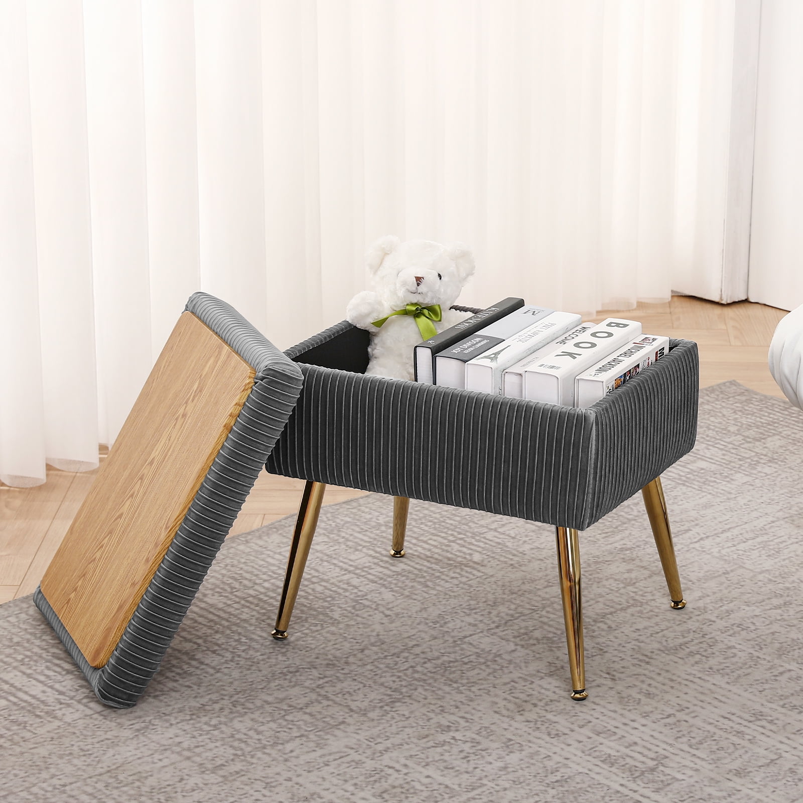 Furniliving Velvet Upholstered Storage Ottoman Rectangle Vanity Bench Modern Makeup Stool，Grey