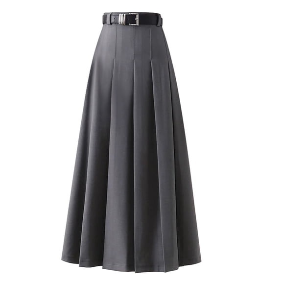Joernso High Waist Pleated Skirt with Belt Solid Color A-Line Long Skirt Ankle Length Office Casual Women Suit Skirt
