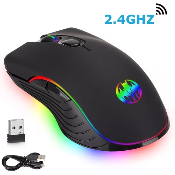 Wireless Gaming Mouse USB Rechargeable RGB LED Backlight Optical PC Mouse, 7 Color Light, 1600 DPI, 6 Buttons, Plug & Play for Laptop Desktop Gaming and Office