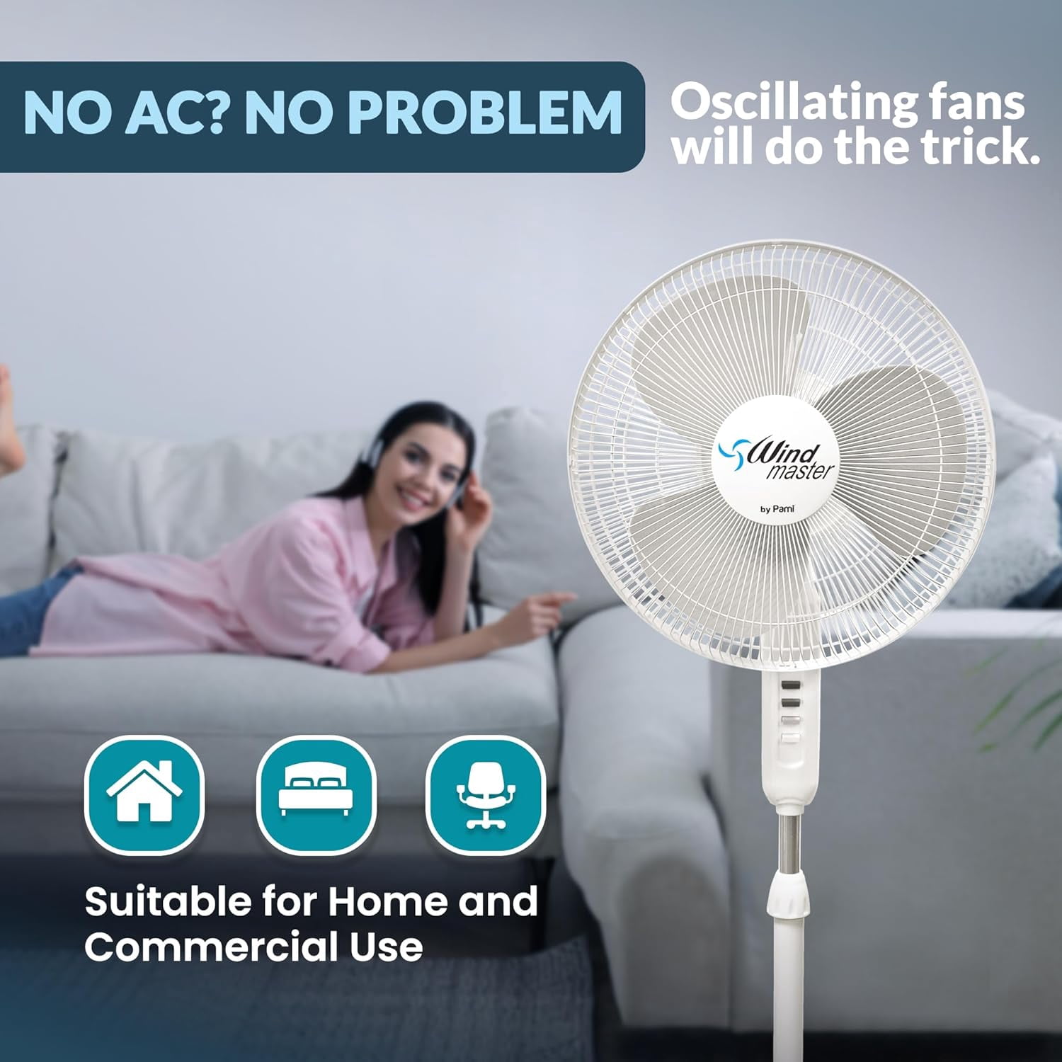 PAMI 16 Inch Oscillating Pedestal Fan, 3 Speeds Adjustable Height Tilt Electric Stand Up Fan for Bedroom Home Office, White