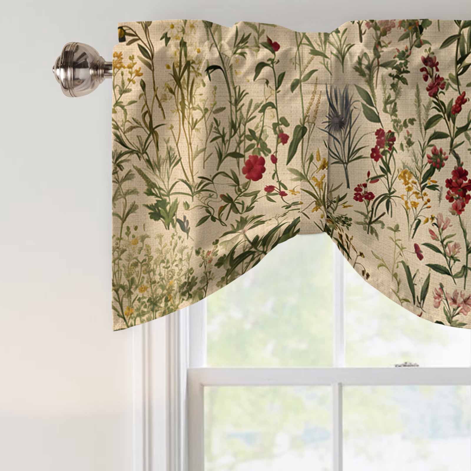 Vintage Flowers Tie Up Valances Curtain, Adjustable Kitchen Pastoral Red Flower Leaf Retro Linen Valances for Windows Decor, Rod Pocket Short Curtains Set for Bedroom/Bathroom, 42"x12"