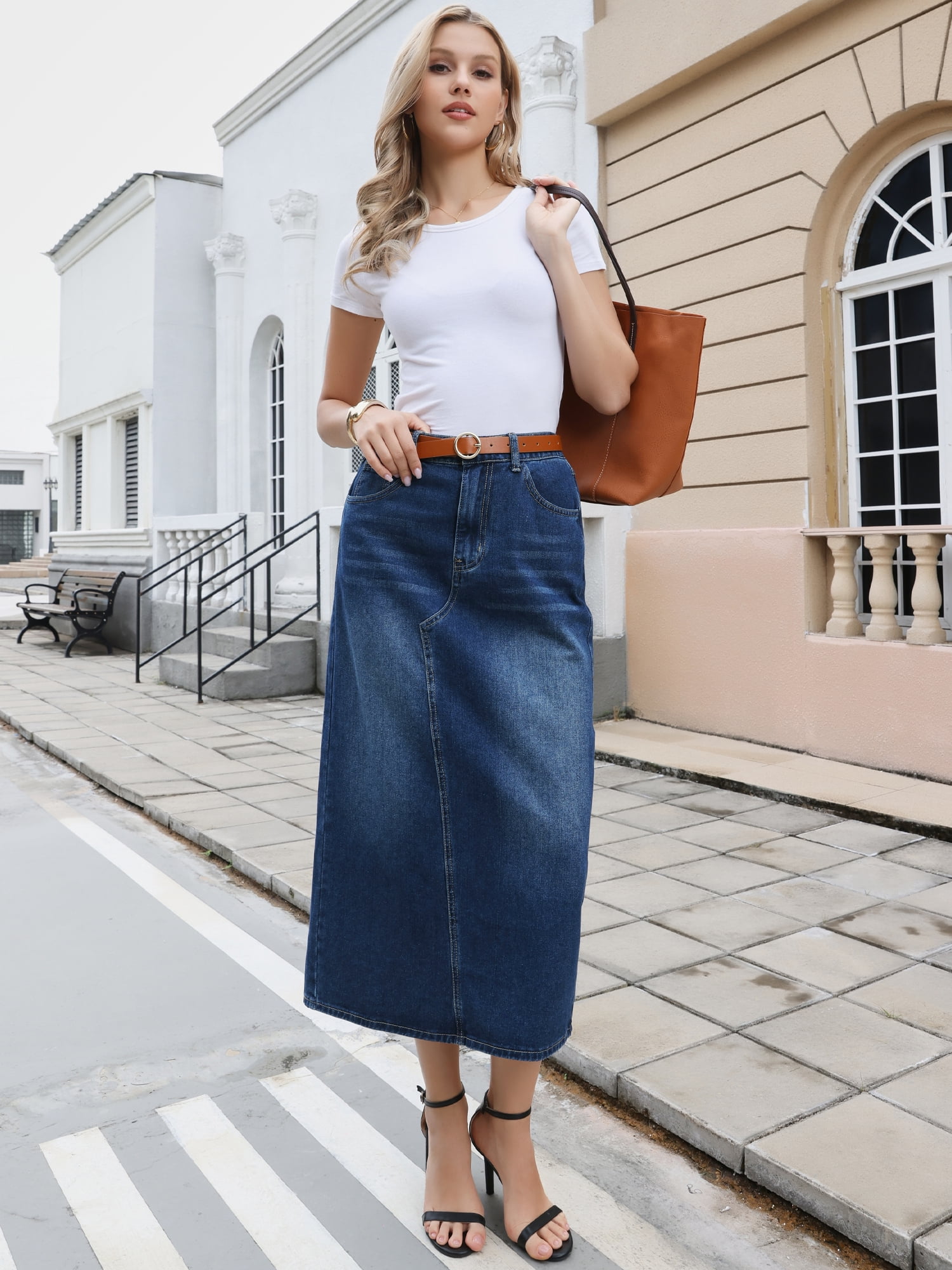 DARING DIVA Women's Casual Midi Length Split Back High Waist Long Jean Skirts XL Dark Blue