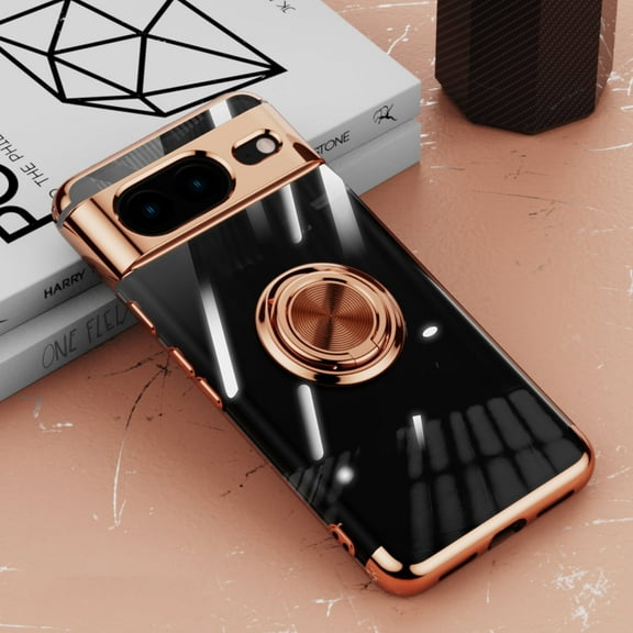 Compatible with Google Pixel 8A Case Clear Shockproof Silicone Phone Cases with Ring Holder,[Supports Magnetic Car Mount] Magnetic 360 Rotation Kickstand Thin Soft TPU Protective Cover,Rosegold