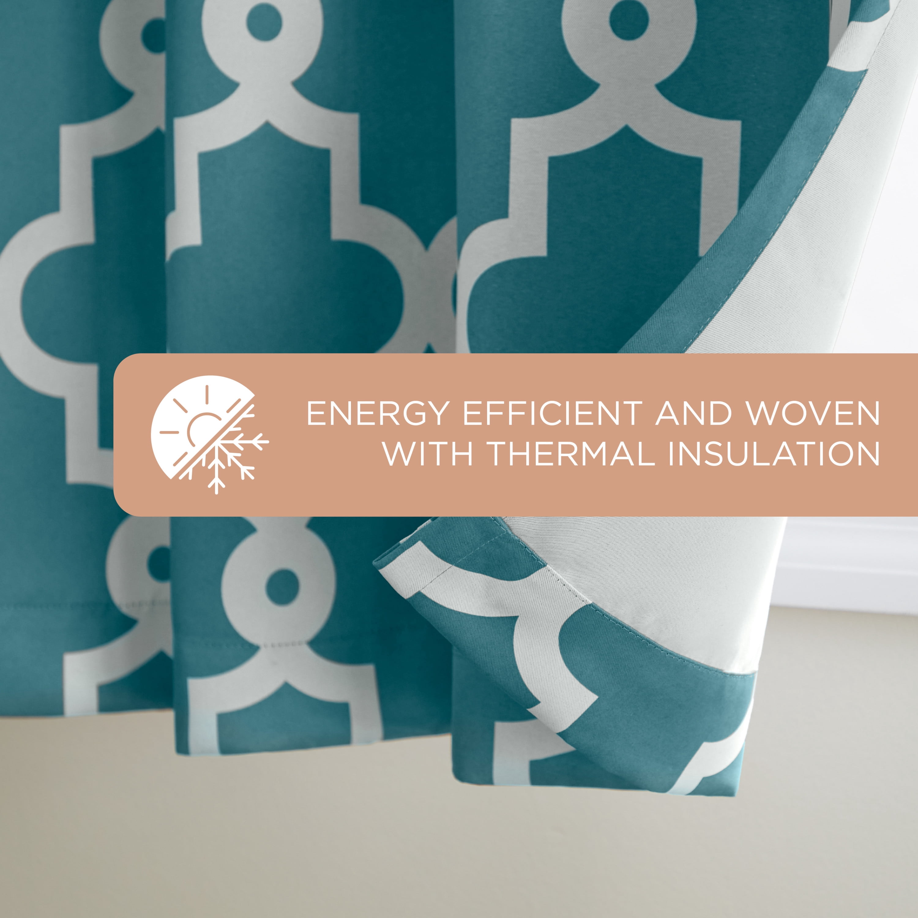 TOWN & COUNTRY EVERYDAY Ironwork Geo Trellis Sateen Indoor Curtains, Room Darkening Blackout, Grommet Top, Energy Efficient, 2-Pack Set, 52"x108", Teal
