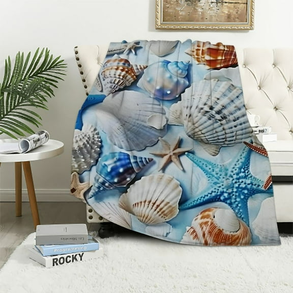 Shiartex Sea Shells Starfish Ocean Print Throw Blanket for Bed Sofa Living Room Decor All Seasons Lightweight Blanket 40x50in