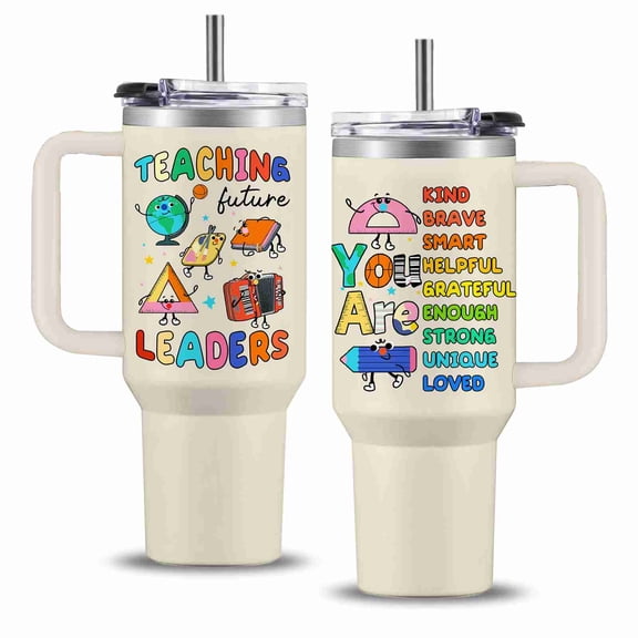 40 oz Teaching Future Leaders and Affirmations Tumbler with Handle and Straw, Insulated Stainless Steel Travel Cup for Teacher Appreciation Gifts