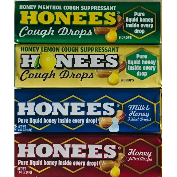 Honees Honey Drops Variety Bundle 1 of each Flavor - Milk & Honey, Honey Filled, Honey Lemon and Honey Menthol Pack of 4