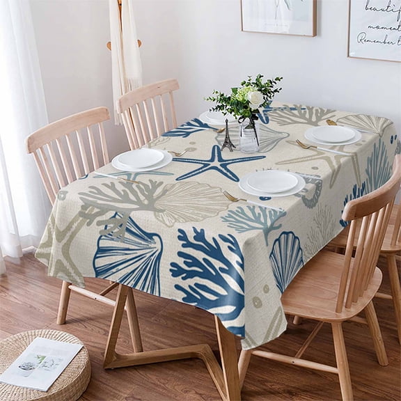 Blue Beige Coastal Tablecloth Rectangle Table Cloth 60x84 , Waterproof Tablecloth Outdoor Table Cloth, Summer Beach Starfish Coral Nautical Rustic Washable Table Cover for Kitchen Dining Party