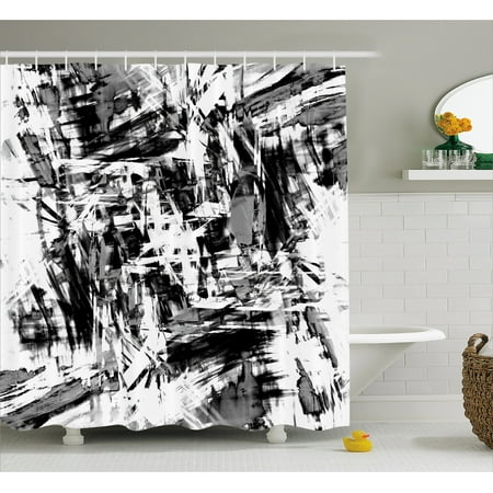 Abstract Art Shower Curtain Black and White Shower Curtain, Old Grunge Style Abstract Art with Brushstrokes Chaos Image Print, Fabric Bathroom Set with Hooks, Black White Grey, by Ambesonne ()