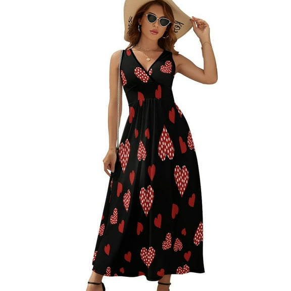 Red Hearts Pattern on Dark Background Dress Fashion Boho Beach Long Dresses Female Party Printed Maxi Dress