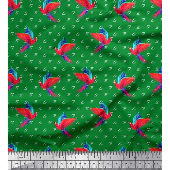 Soimoi Green Cotton Cambric Fabric Watercolor Macaw Parrot & Triangle Geometric Print Fabric by Yard 56 Inch Wide