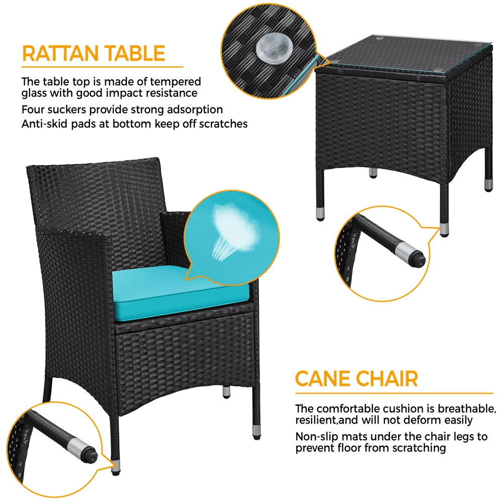 Yaheetech 3-Piece Wicker Furniture Set with Side Table, Black/Cyan