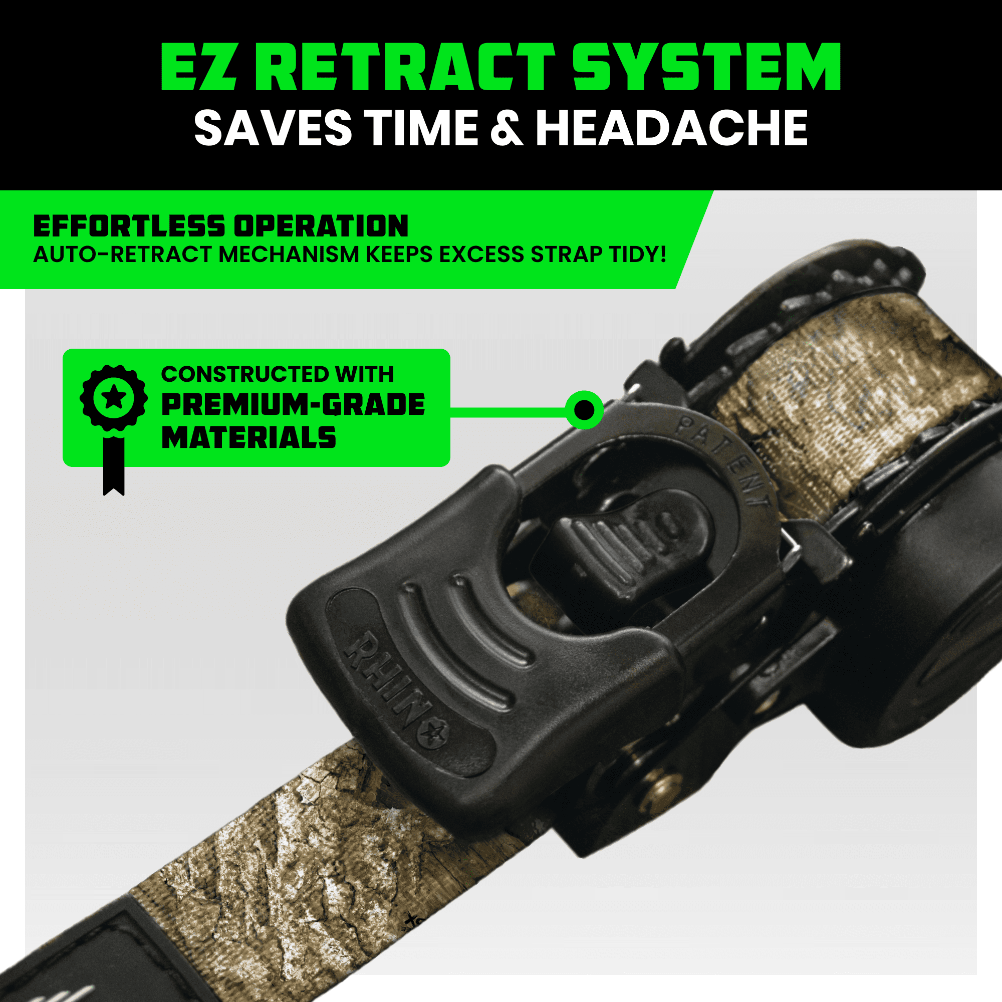 Rhino USA x Realtree Retractable Ratchet Straps (2PK) 2"x 9' (1,209lb Break Strength)- Heavy Duty Auto Self Retracting Tie Down Straps for Truck, Cargo Trailer, Motorcycle, ATV, UTV- Realtree APX Cam