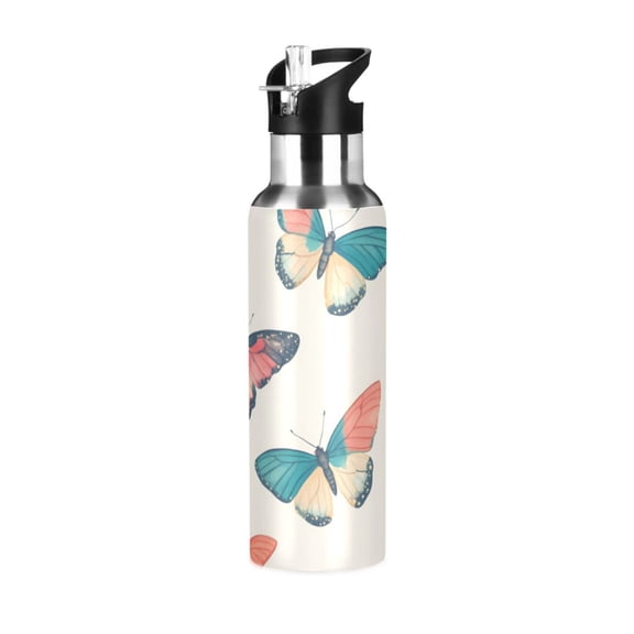 Yayeee 20oz Insulated Water Bottle Double Wall Stainless Steel with Flip Straw Lid, Colorful Butterflies