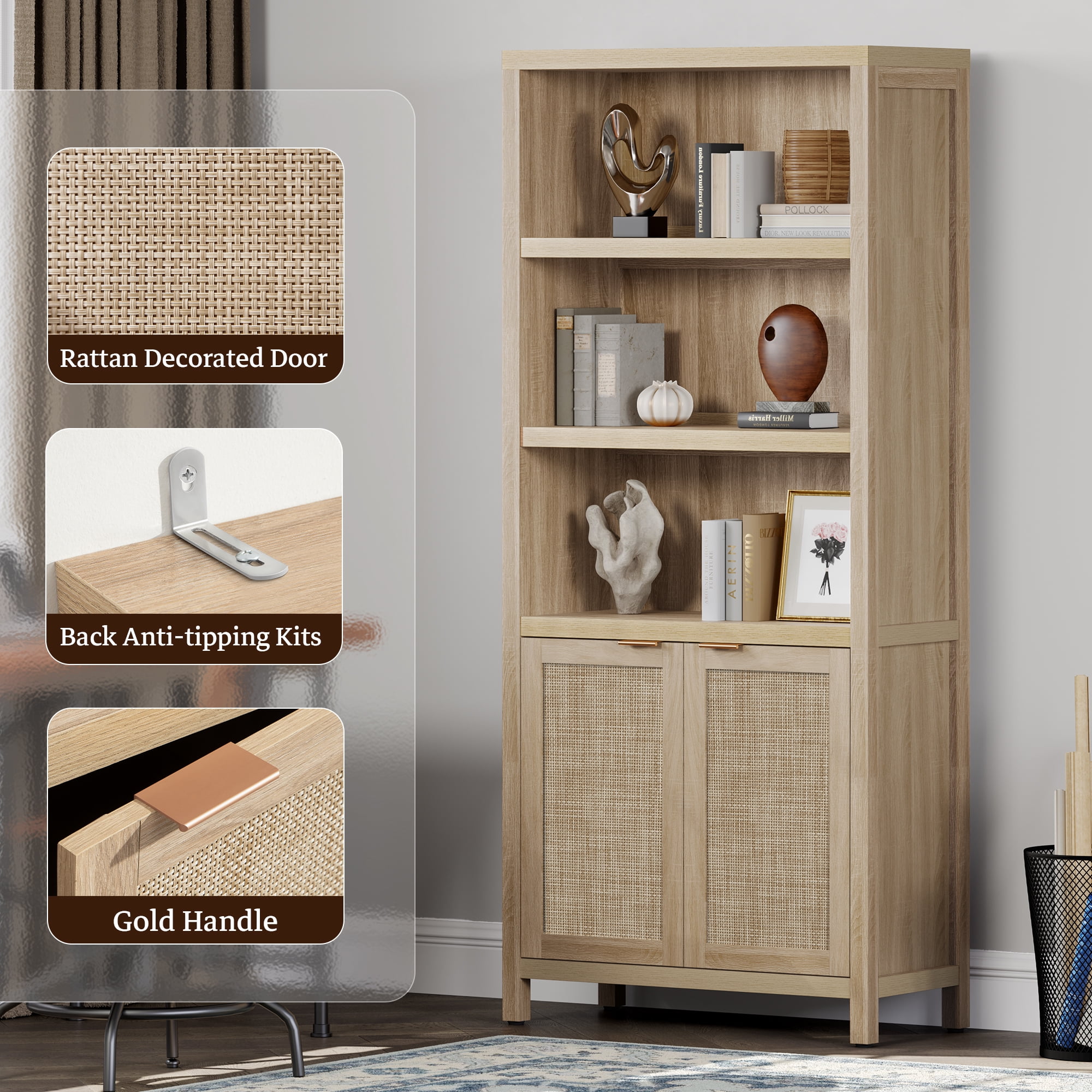 SICOTAS Rattan 5 Tier Bookcase Set, Natural 5 Shelf Library Bookcase for Home Office