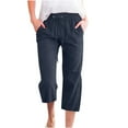 thumbnail image 2 of Lroveb Capri Pants for Women Plus Size High Waisted Linen Pants Drawstring Elastic Waist Cropped Wide Leg Pants With Pockets Navy, 2 of 5