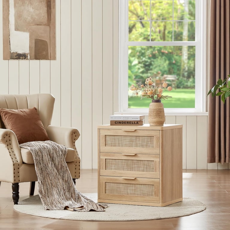 boho dresser and nightstand set LEYAOYAO Rattan NightStands of 2 with Charger Station, Night Stand for Bedroom with 2 Drawers, Tea Brown Bedside Table Open Storage Cabinet, Bed Side End Table, Living Room 31.5 inches Height Boho Chic 4 Piece Platform