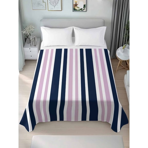 Navy Blue Pink Striped California King Size Flat Sheet, Wrinkleproof & Fadeproof Cooling Flat Bed Sheet Only, Modern Minimalist Ombre Lines Breathable Soft Bedding Top Sheets 108 x 98 Inches