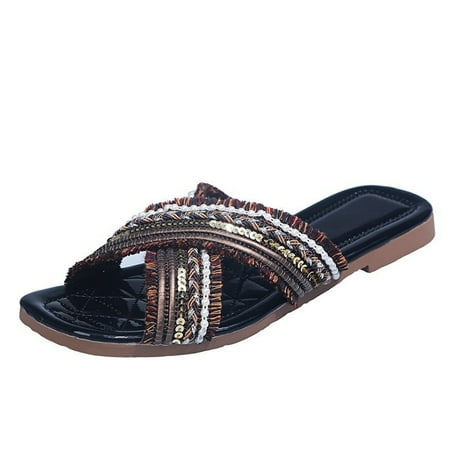 

Inkach Womens Fashion Sequined Cross Open Toe Colorblock Flat Slippers