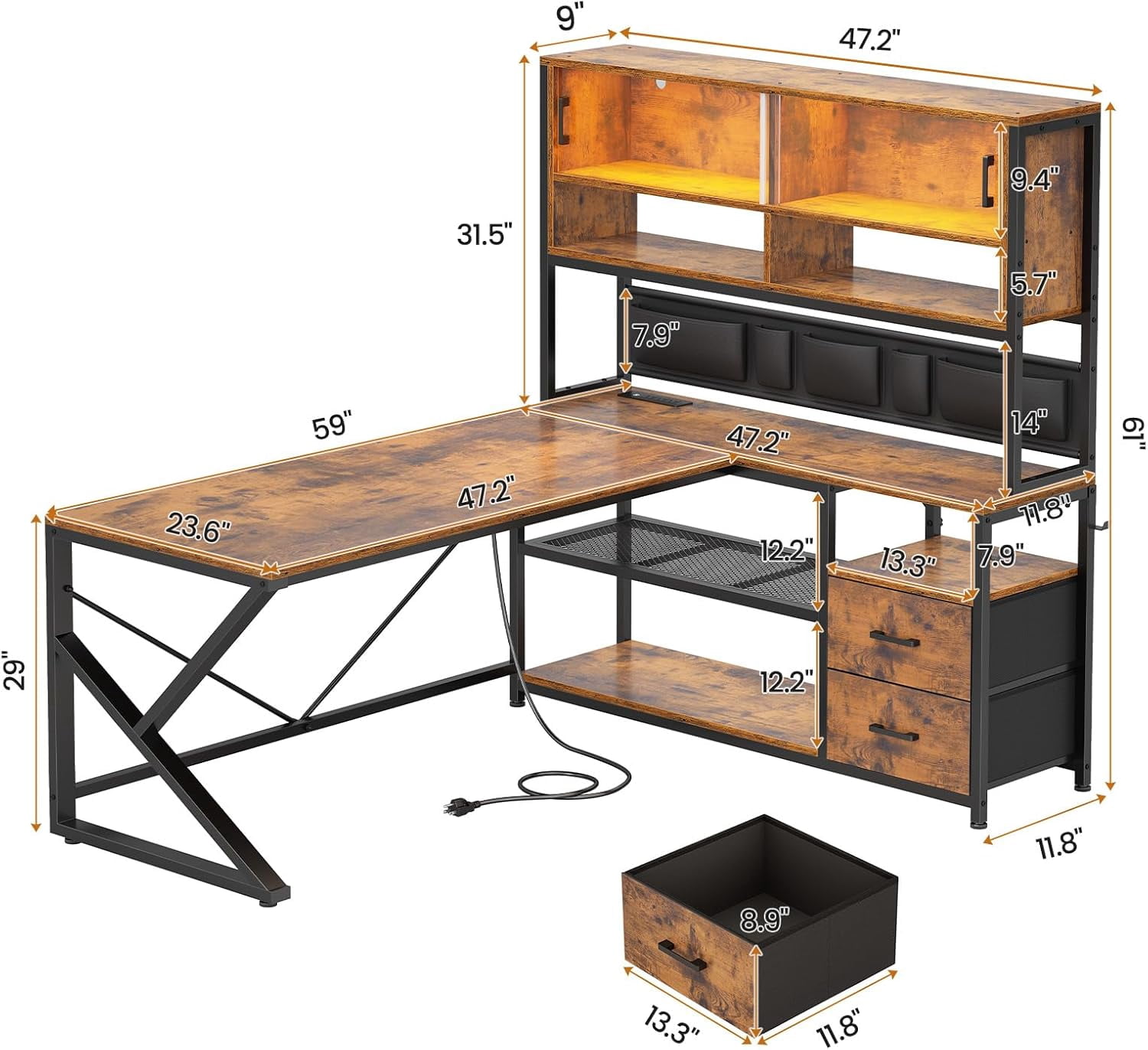 SEDETA L Shaped Desk with Ample Storage, Gaming Desk with LED Lights & Power Outlets, Home Office Desk with Drawers, Glass Cabinets & Open Shelves, Corner Desk with Spacious Desktop, Rustic Brown