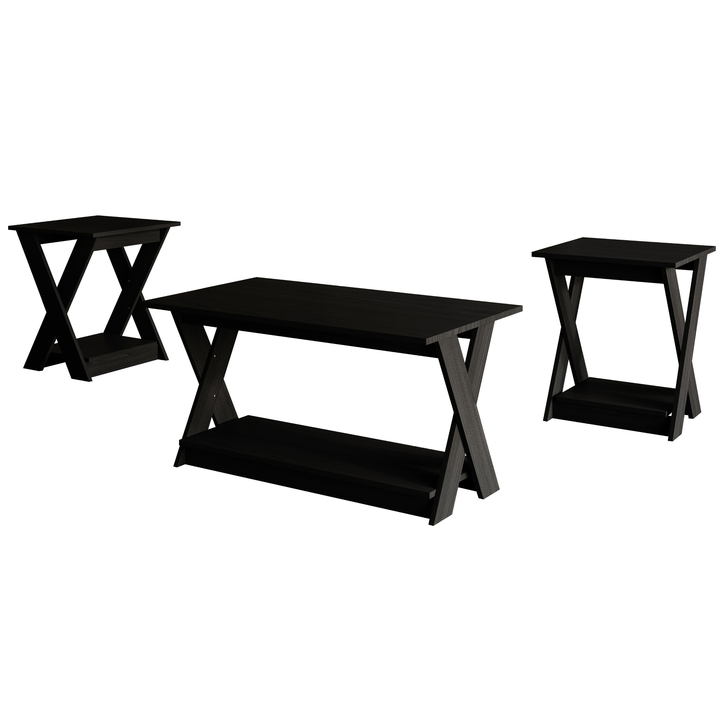 Home Design Emporia 3-Piece Coffee Set with Crossed-Leg Design and Lower Shelf, Wide Plank, Black, Modern Living Room