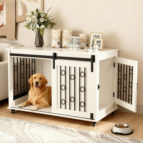 Zephypaws 40 in XL Dog Kennel Furniture with Wheels,Farmhouse Crate Furniture with Cushion Decorative White Dog Kennel Indoor Thick Wooden Pet House End Table Modern Cage Furniture for Large Dog