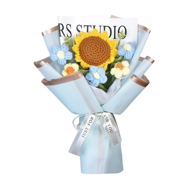 Ramo de flores de ganchillo, adorno decorativo, regalo, ramo de punto para Girasol azul