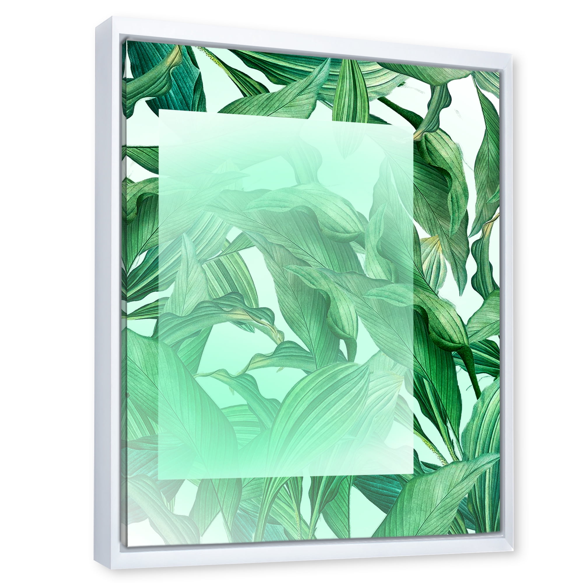 Designart 'Tropical Palm Green Leaves Under White Rectangle' Nautical & Coastal Framed Canvas Wall Art Print