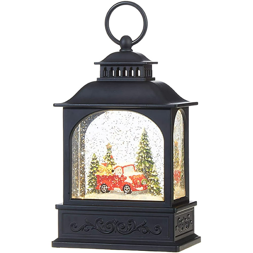 Dogs in Red Truck Scene Lighted Water Lantern Christmas Snow Globe with