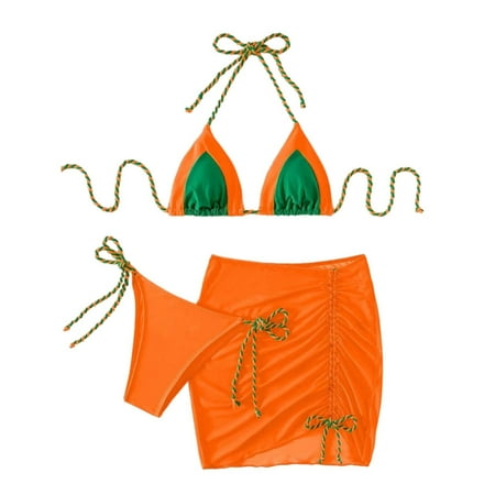 Wiueurtly Bikini Sets for Women Three Piece High Waisted Sporty Skirt Swimsuit Cut Bathing Suits Bikini Swimsuits Orange