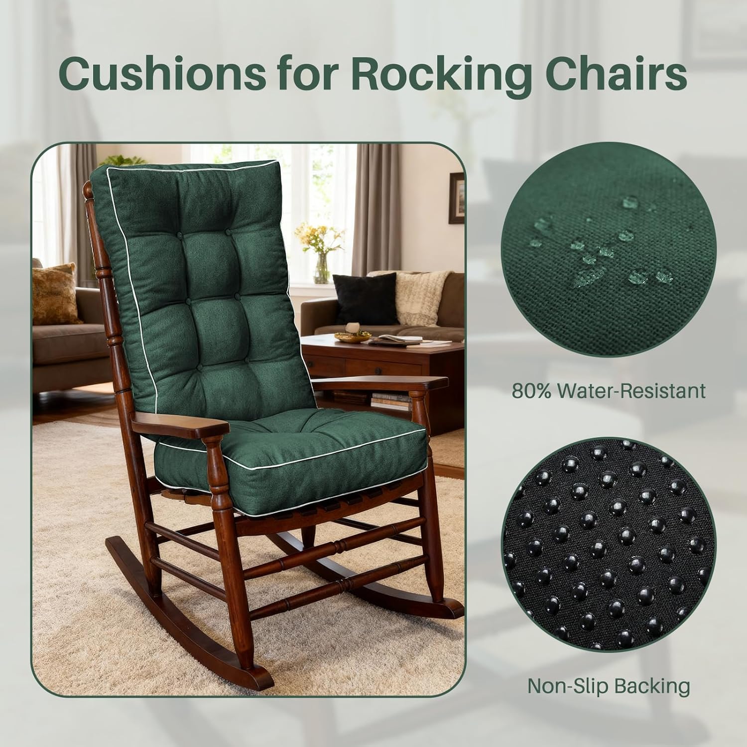 Galenzoov 28×18×5 inch Ultimate Comfort Rocking Chair Cushion Set - Luxurious Thick Memory Foam with Non-Slip Ties, Water-resistant Seat & Back Pillows for Indoor/Outdoor Rockers, Dark Green