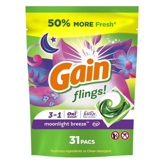 Gain Flings 3-in-1 Oxi Boost and Febreze Laundry Detergent Pacs, Moonlight Breeze Scent, 31 Count