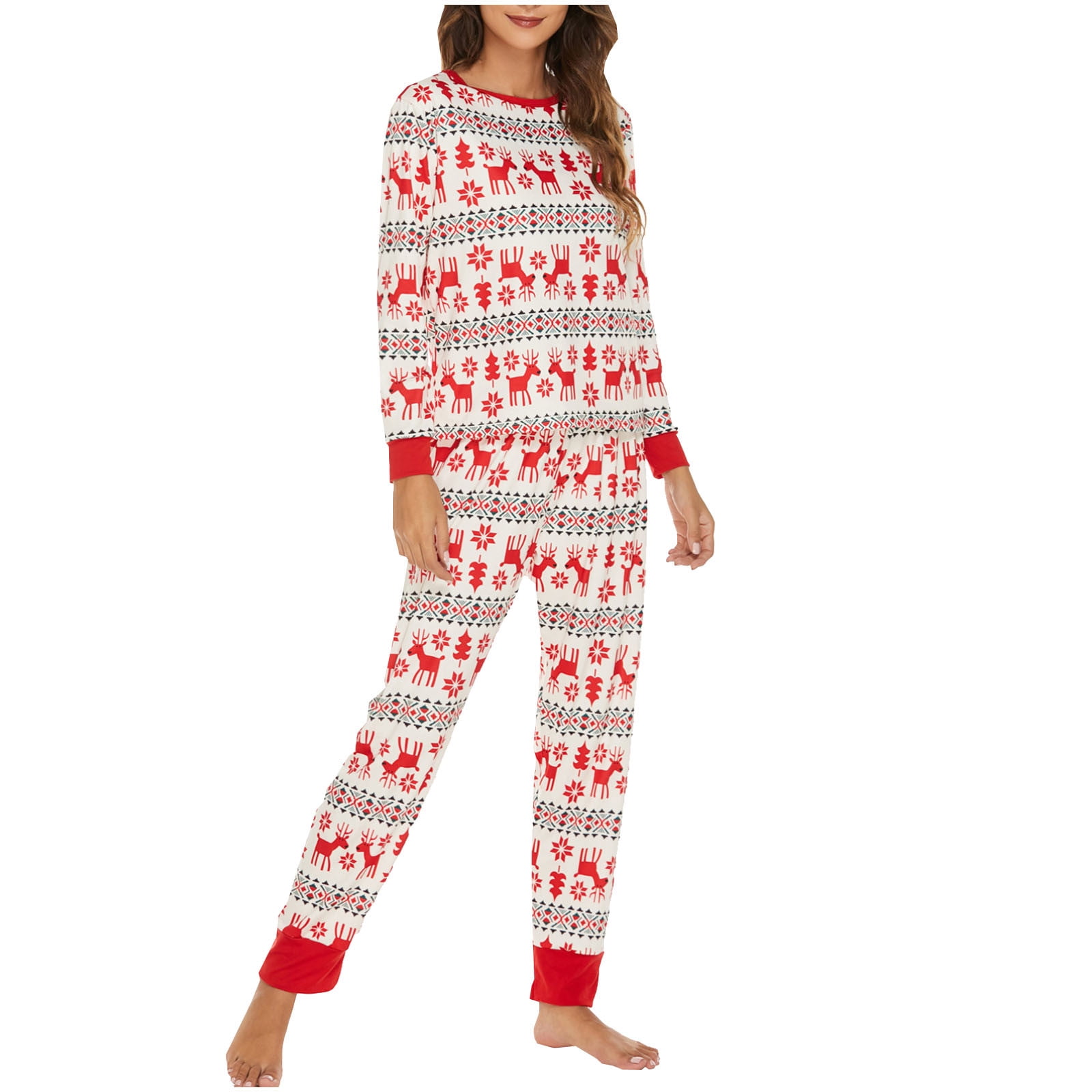 Womens Christmas Pajama Sets Long Sleeve Round Neck Cute Reindeer Print  Pullover with PJs Pants Casual Loose Fit Sleepwear Set 