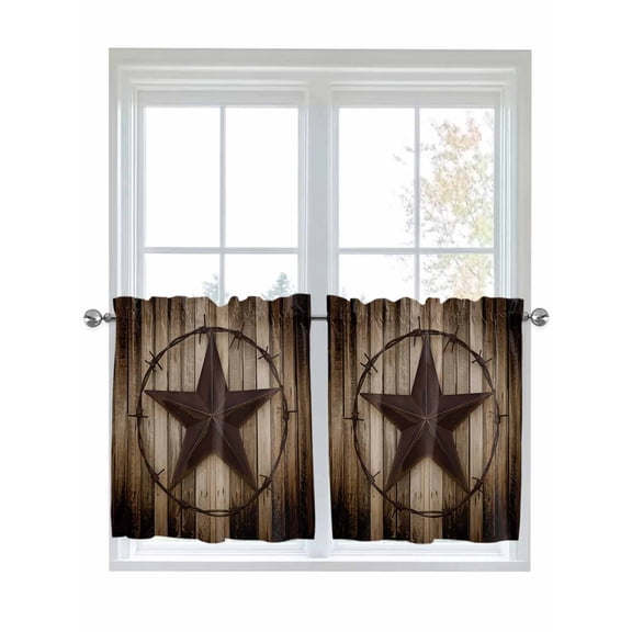 Half Window Curtains 24 Inches Long, Western Star Retro Window Treatment Curtain Drapes, Vintage Brown Wood Barn Short Curtains Tiers for Kitchen Over Sink, 27.5"x24", 2 Panels