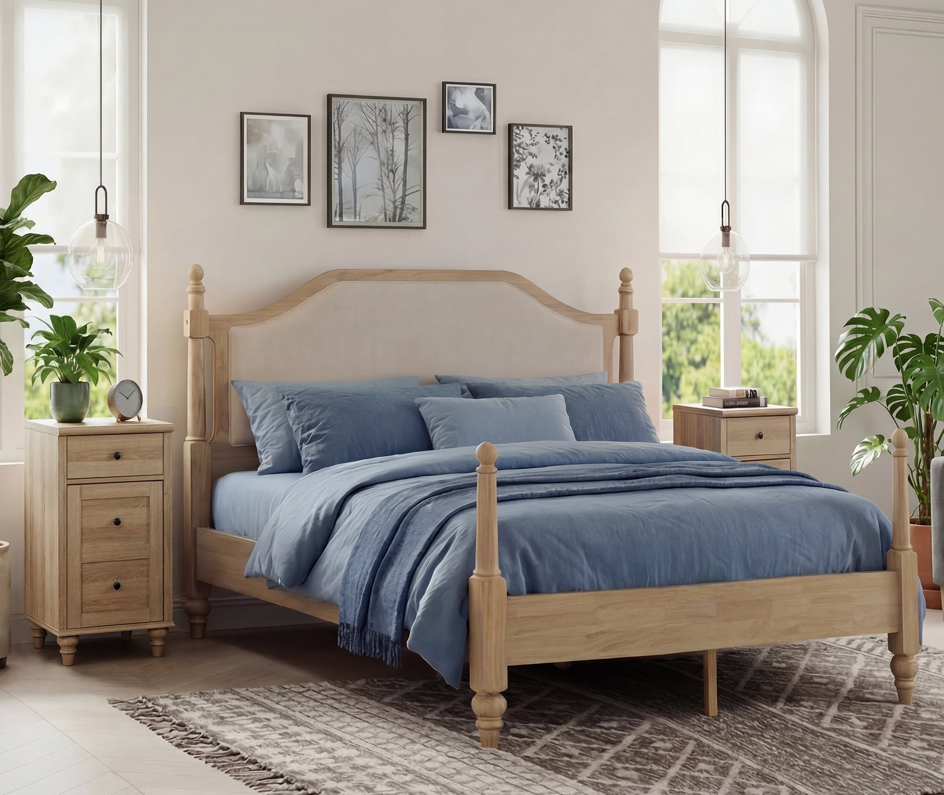 3 Pieces Bedroom Set, Queen Size Wood Platform Bed Frame with Upholstered Headboard & 2 Nightstands with Power Outlets & USB Ports, Modern Bedroom Furniture, Oak