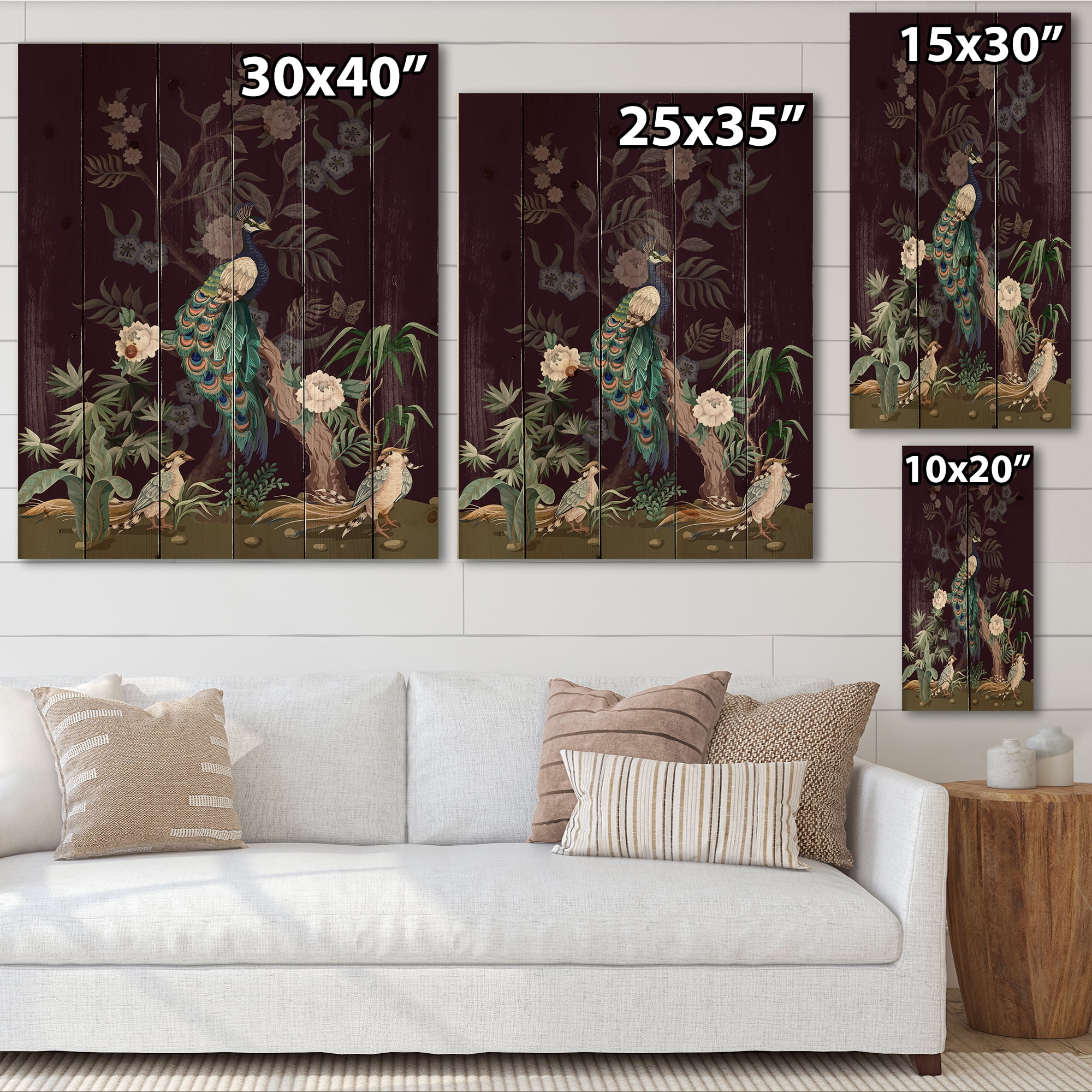 Designart 'Chinoiserie With Peonies and Birds V' Traditional Print on Natural Pine Wood